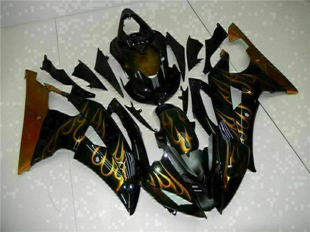 Yamaha YZF R6 Motorrad Verkleidung 2008-2016 - Glanzendes Schwarz Gold Flamme