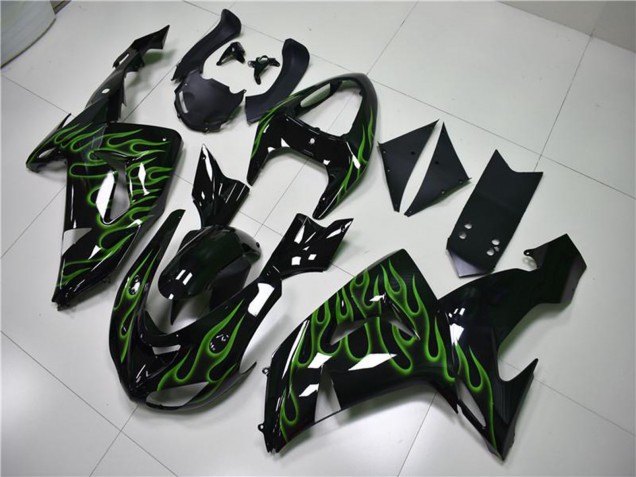 Kawasaki ZX10R Motorrad Verkleidung 2006-2007 - Glanzendes Schwarz Grun Flamme