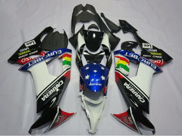 Kawasaki ZX10R Motorrad Verkleidung 2008-2010 - Glanzendes Schwarz Weiss Blau Rot Eurobet Lee Carrera Stern
