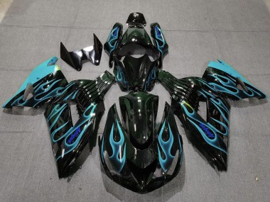 Kawasaki ZX14R Motorrad Verkleidung 2006-2011 - Glanzendes Schwarz Hellblau Flamme