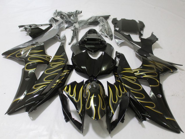 Yamaha R6 Motorrad Verkleidung 2008-2016 - Glanzendes Schwarz Gold Flamme