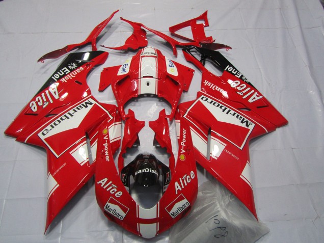 Ducati 848 1098 1198 Motorrad Verkleidung 2007-2014 - Weiss Rot Glanzendes Schwarz Marlboro Alice