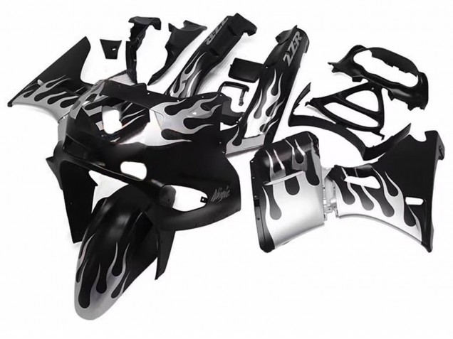 Kawasaki ZZR600 Motorrad Verkleidung 1998-2003 - Glanzendes Schwarz Silber Flamme