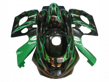 Yamaha YZF600R Thundercat Motorrad Verkleidung 1996-2007 - Schwarz mit Dunkel Gruner Flamme