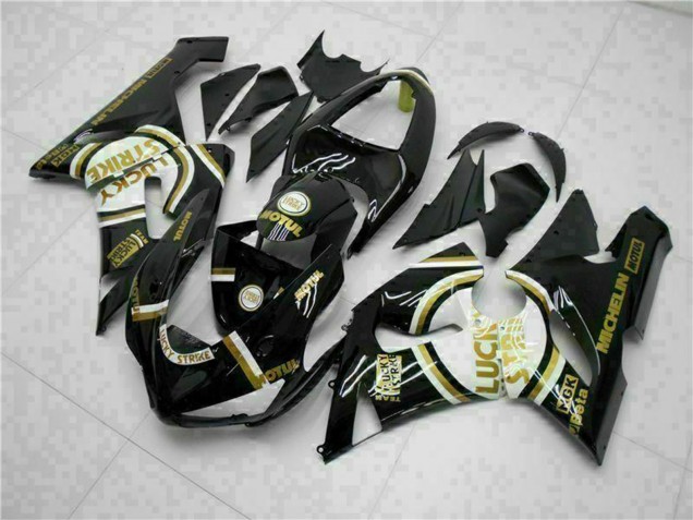 Kawasaki ZX6R Motorrad Verkleidung 2005-2006 - Glanzendes Schwarz Weiss Gold Lucky Strike