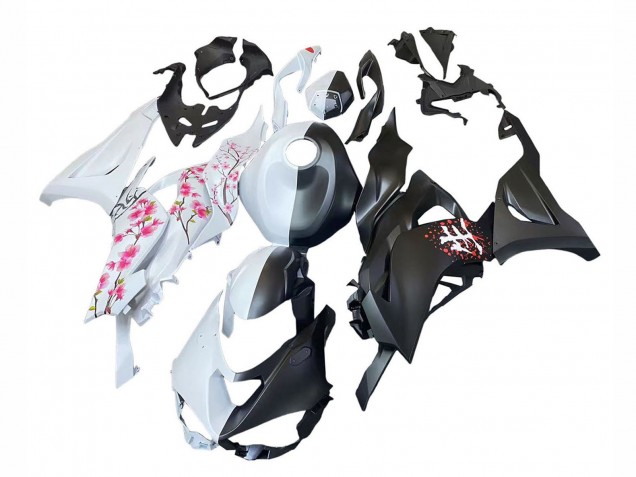 Kawasaki ZX6R Motorrad Verkleidung 2023-2025 - Schwarz Weiss mit Blume