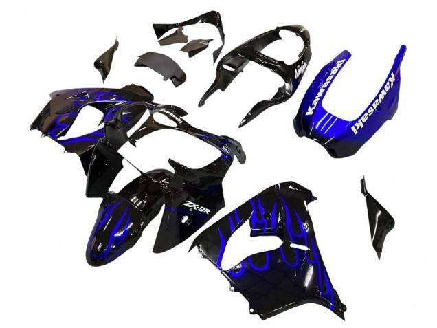 Kawasaki ZX9R Motorrad Verkleidung 2000-2001 - Glanzendes Schwarz Blau Flamme Weiss