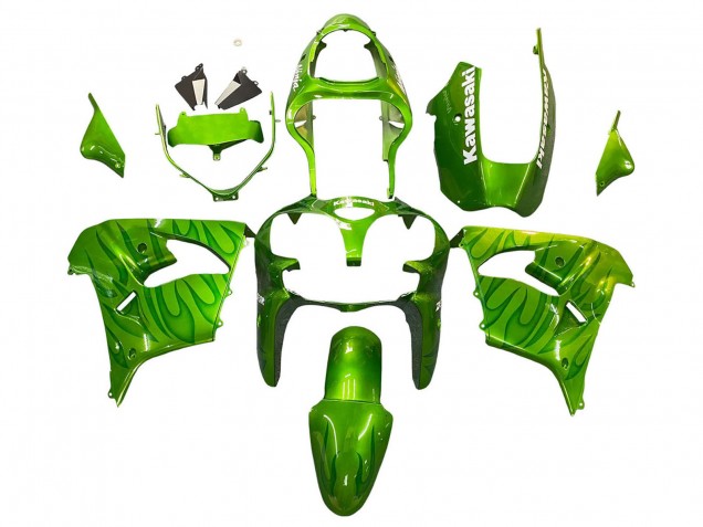Kawasaki ZX9R Motorrad Verkleidung 2000-2001 - Grun Flamme