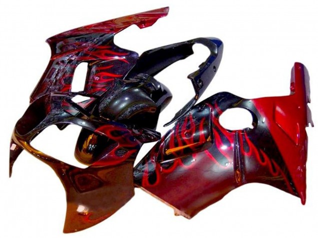 Kawasaki ZX12R Motorrad Verkleidung 2002-2006 - Glanzendes Schwarz Rot Flamme