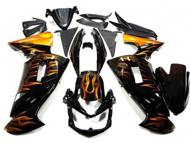 Kawasaki Ninja 650 EX650 Motorrad Verkleidung 2006-2008 - Glanzendes Schwarz Gold Flamme
