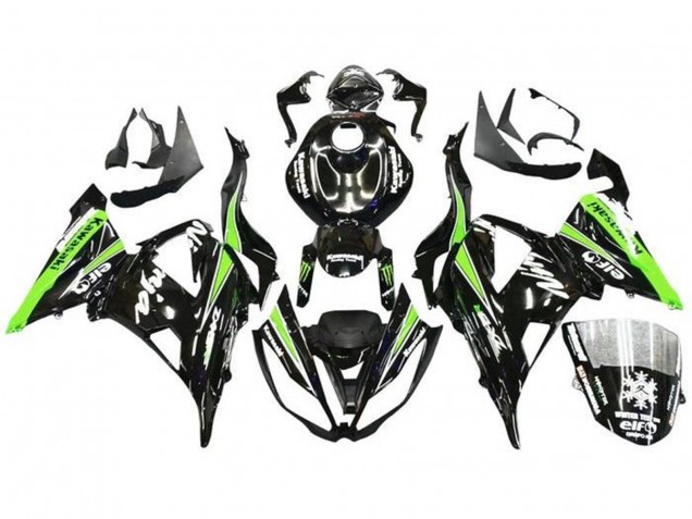 Kawasaki ZX6R Motorrad Verkleidung 2013-2018 - Glanzendes Schwarz Grun Weiss Monster Schnee