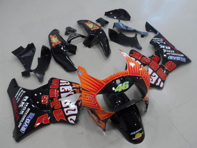 Honda CBR900RR 919 Motorrad Verkleidung 1998-1999 - Glanzendes Schwarz Orange Rossi