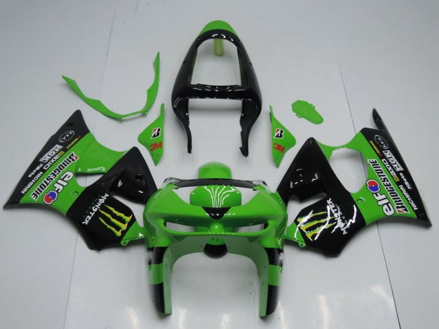Kawasaki ZX6R Motorrad Verkleidung 1998-1999 - Grun Glanzendes Schwarz Gelb Elf Bridgestone Monster