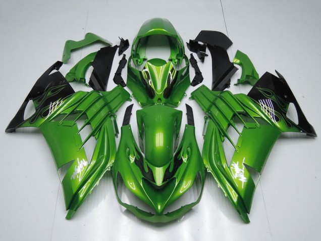 Kawasaki ZX14R ZZR1400 Motorrad Verkleidung 2012-2024 - Grun Glanzendes Schwarz Flamme Weiss Ninja