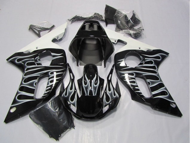 Yamaha YZF R6 Motorrad Verkleidung 1998-2002 - Glanzendes Schwarz Weiss Flamme