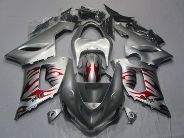 Kawasaki ZX6R Motorrad Verkleidung 2005-2006 - Silber Rot Flamme Ninja