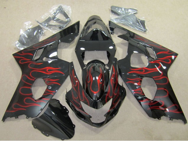 Suzuki GSXR 600 Motorrad Verkleidung 2004-2005 - Glanzendes Schwarz Rot Flamme
